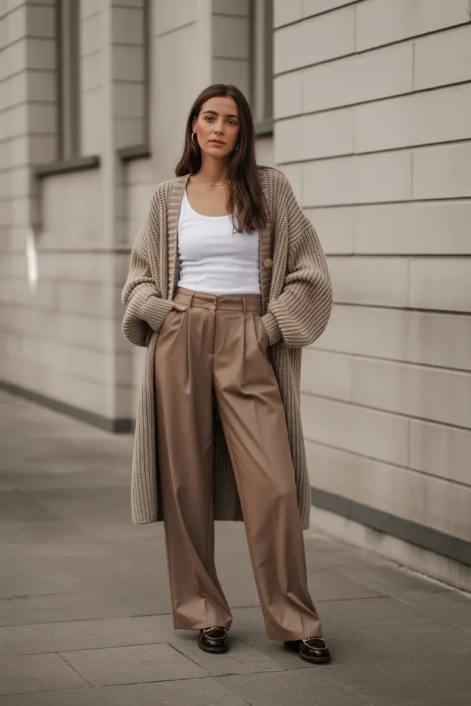 Chunky Knit Cardigan With Wide-Leg Trousers