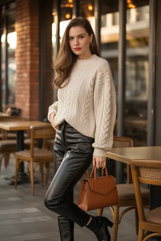 Chunky Knit Sweater with Leather Pants