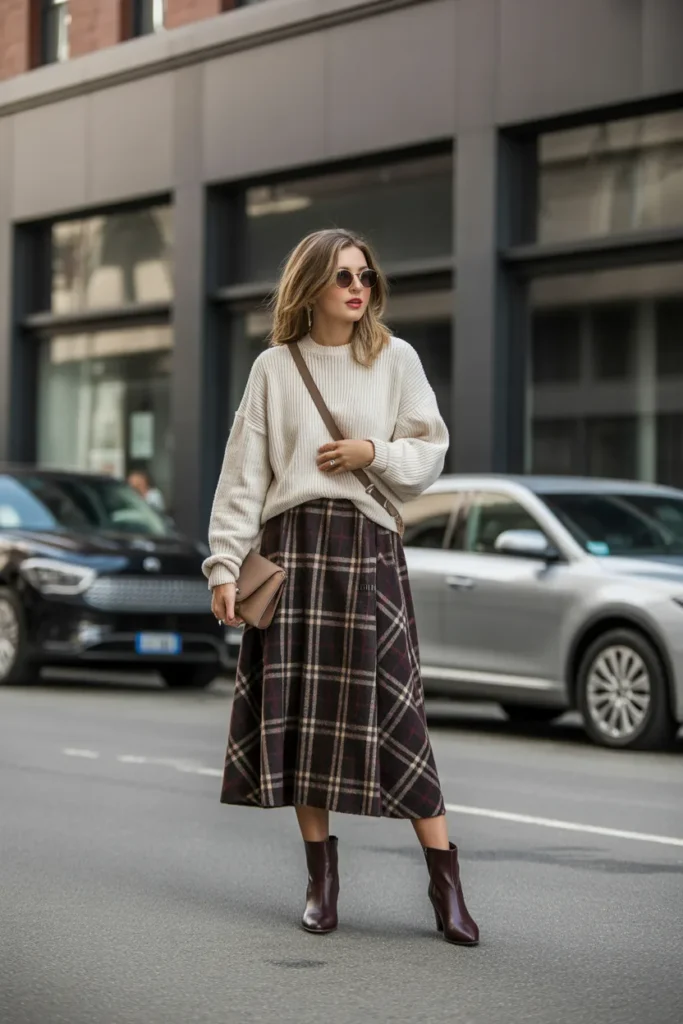 Chunky Knit Sweater with Plaid Midi Skirt