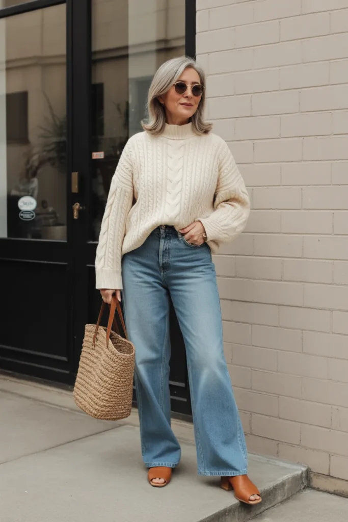 Chunky Knit Sweater with Wide-Leg Jeans