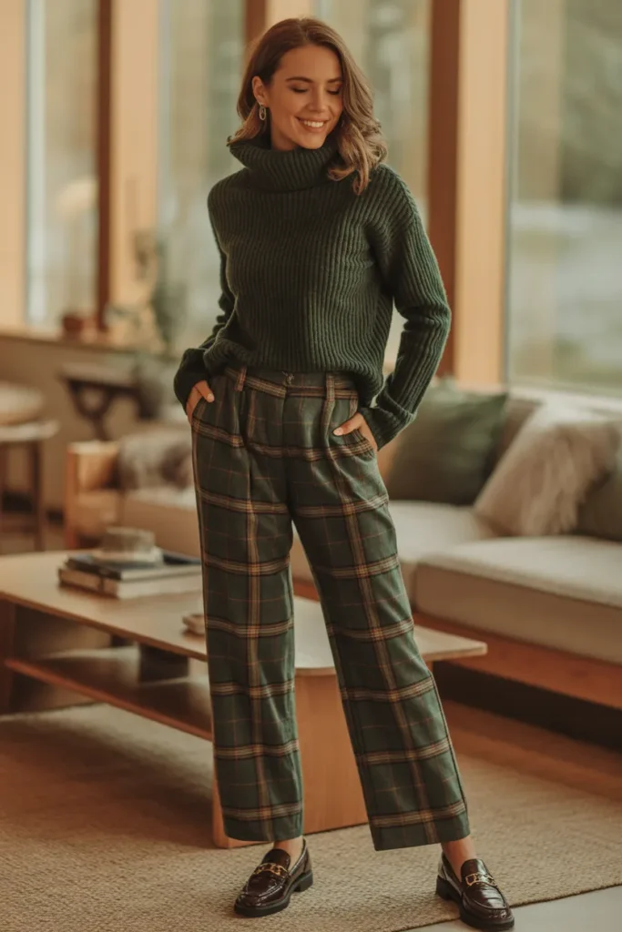 Chunky Turtleneck With Plaid Wide-Leg Pants