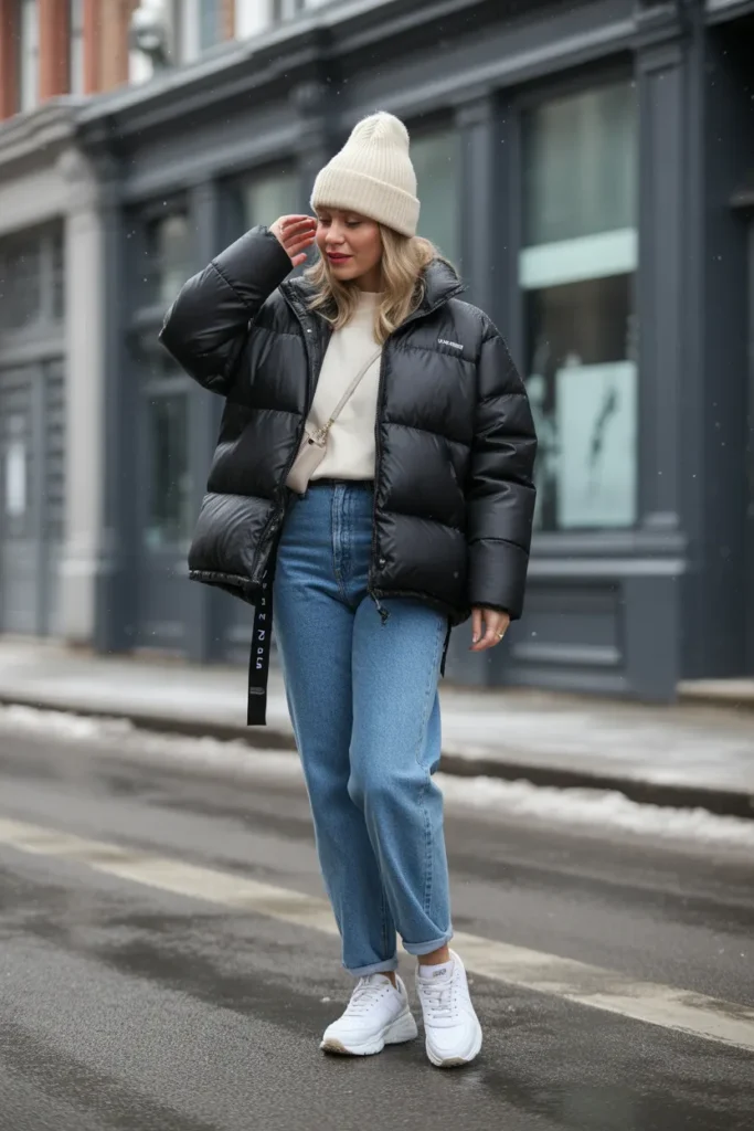 Classic Black Puffer Jacket with High-Waisted Denim