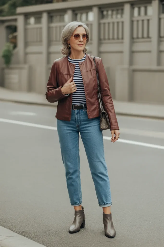 Classic Blue Jeans with Faux Leather Jacket