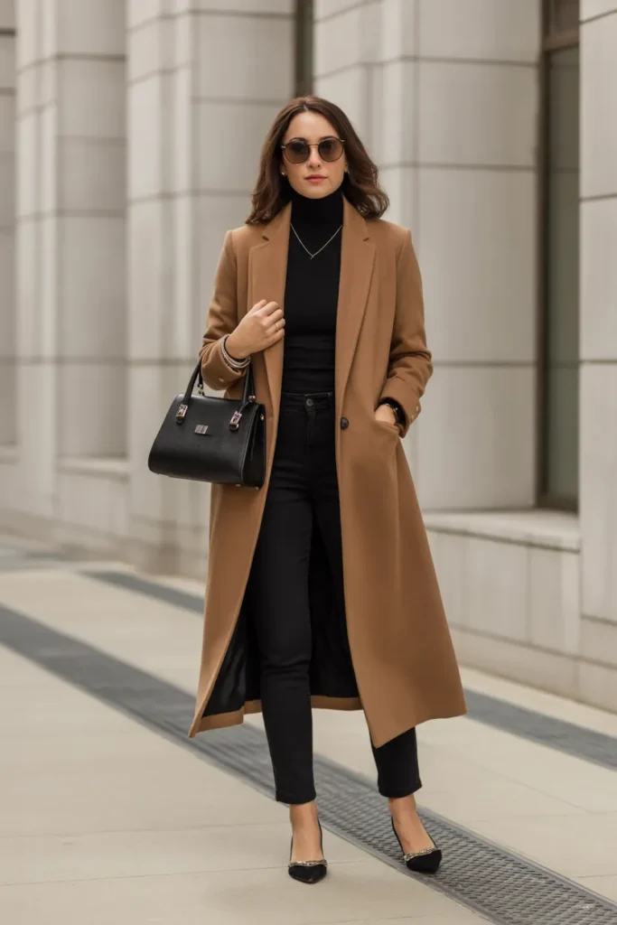 Classic Camel Coat with All-Black Basics