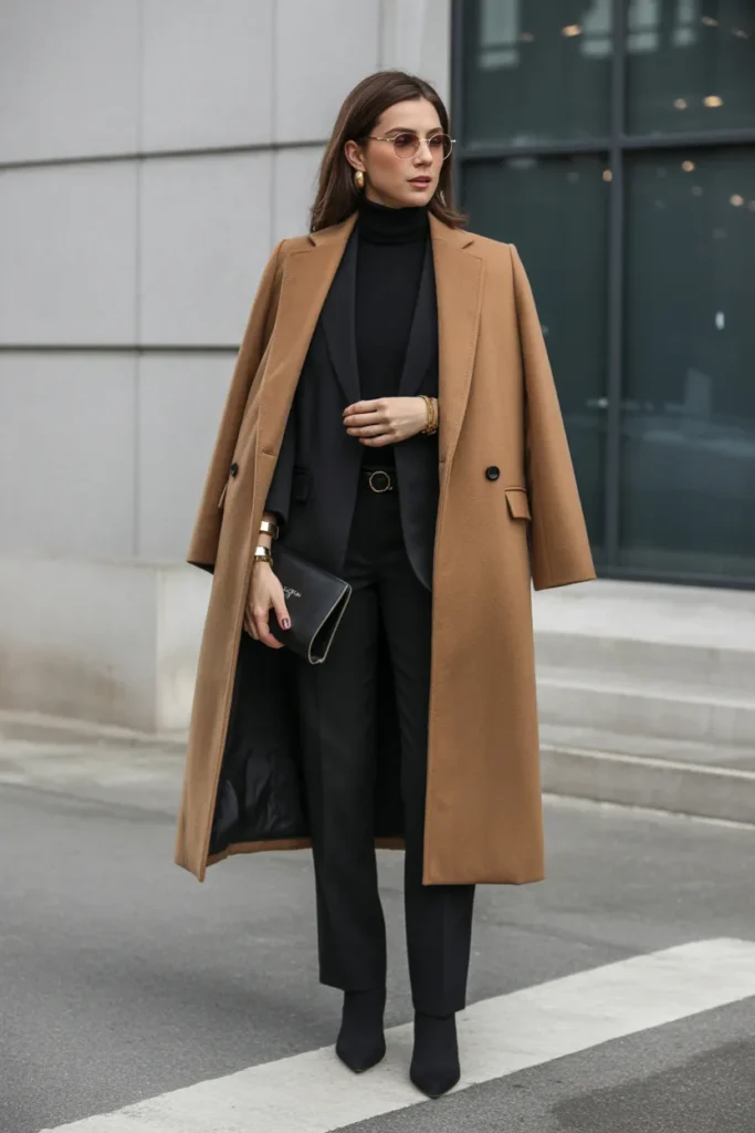 Classic Camel Coat with All-Black Monochrome Outfit