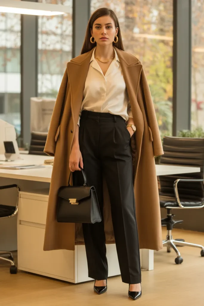 Classic Camel Coat with Black Trousers