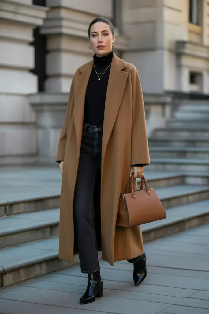 Classic Camel Coat with Black Turtleneck