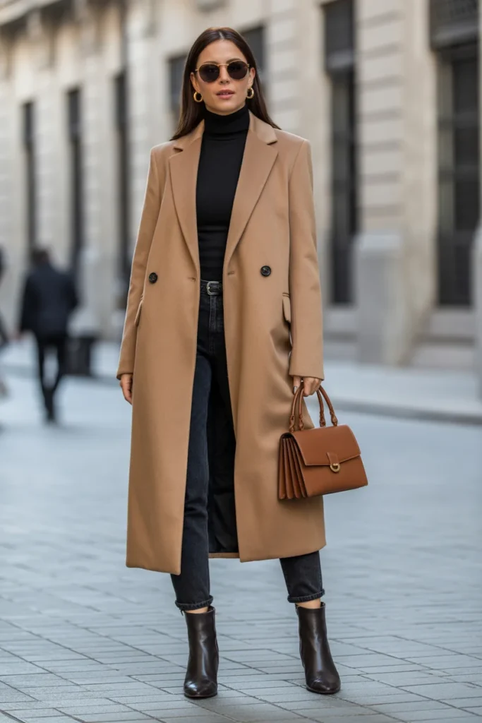  Classic Camel Coat with Black Turtleneck