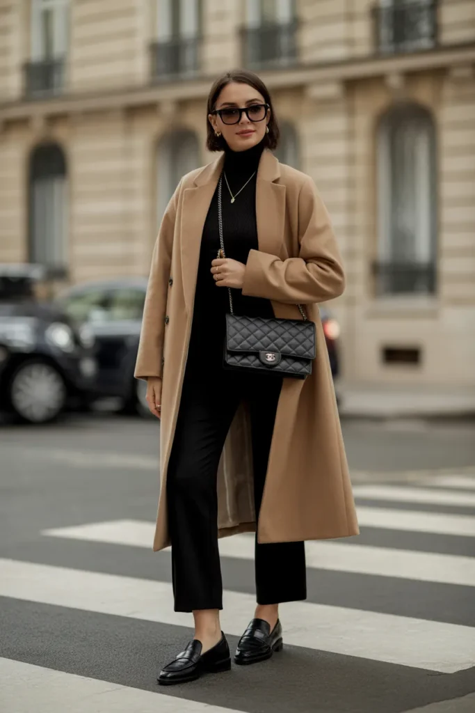 Classic Camel Wool Coat Over All-Black Ensemble