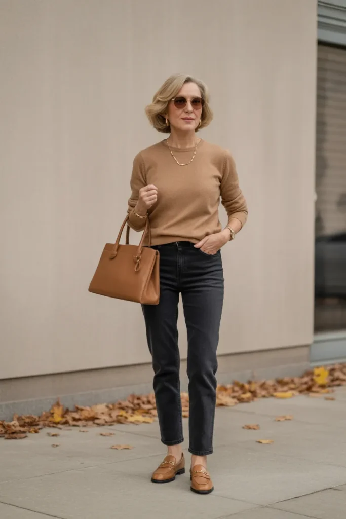 Classic Dark Wash Jeans with Cashmere Sweater