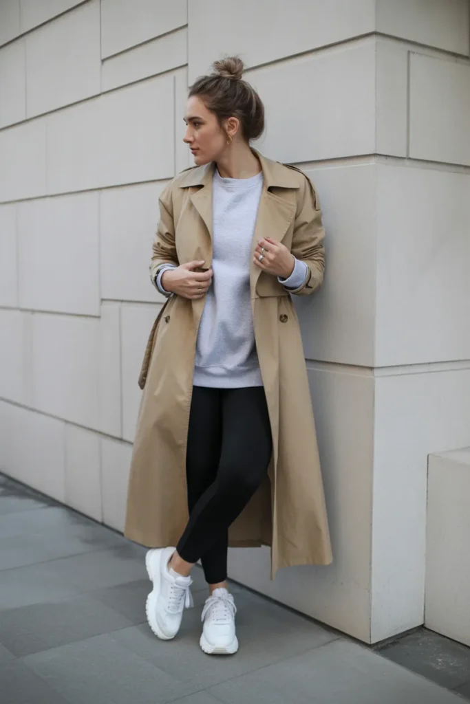 Classic Trench Coat with Chunky Platform Sneakers