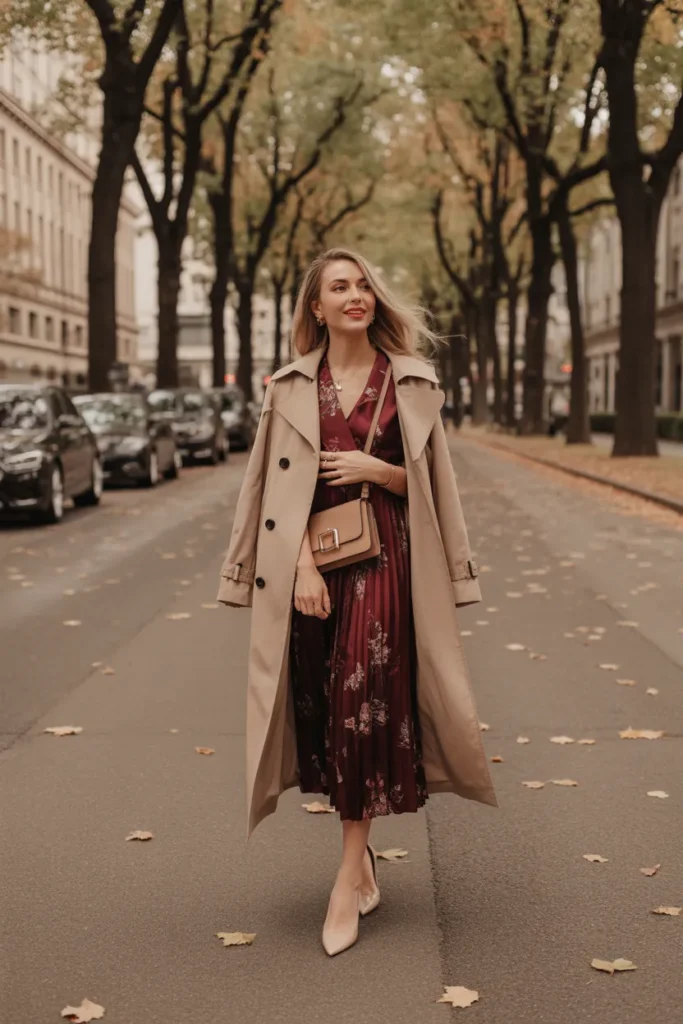 Classic Trench Coat with Midi Dress