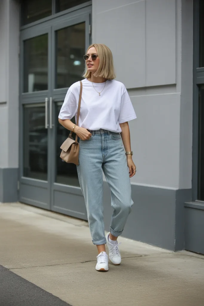 1. Classic White Tee with Mom Jeans