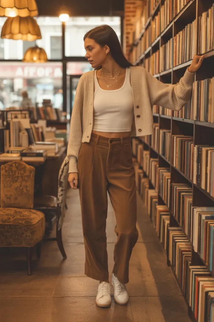 Corduroy Pants with Cropped Cardigan