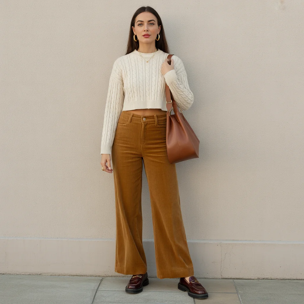 Corduroy Pants with Cropped Sweater and Loafers