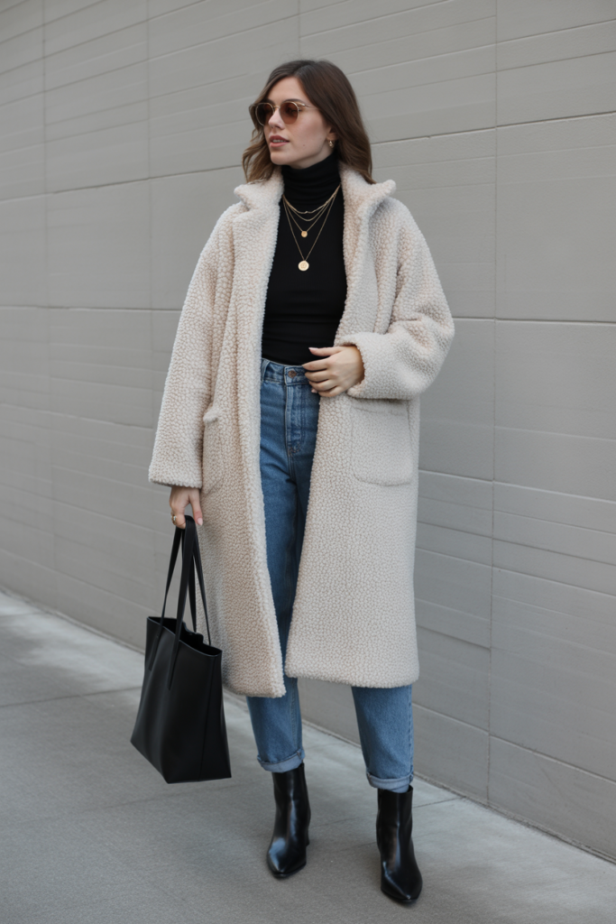 Cozy Teddy Coat With Simple Jeans