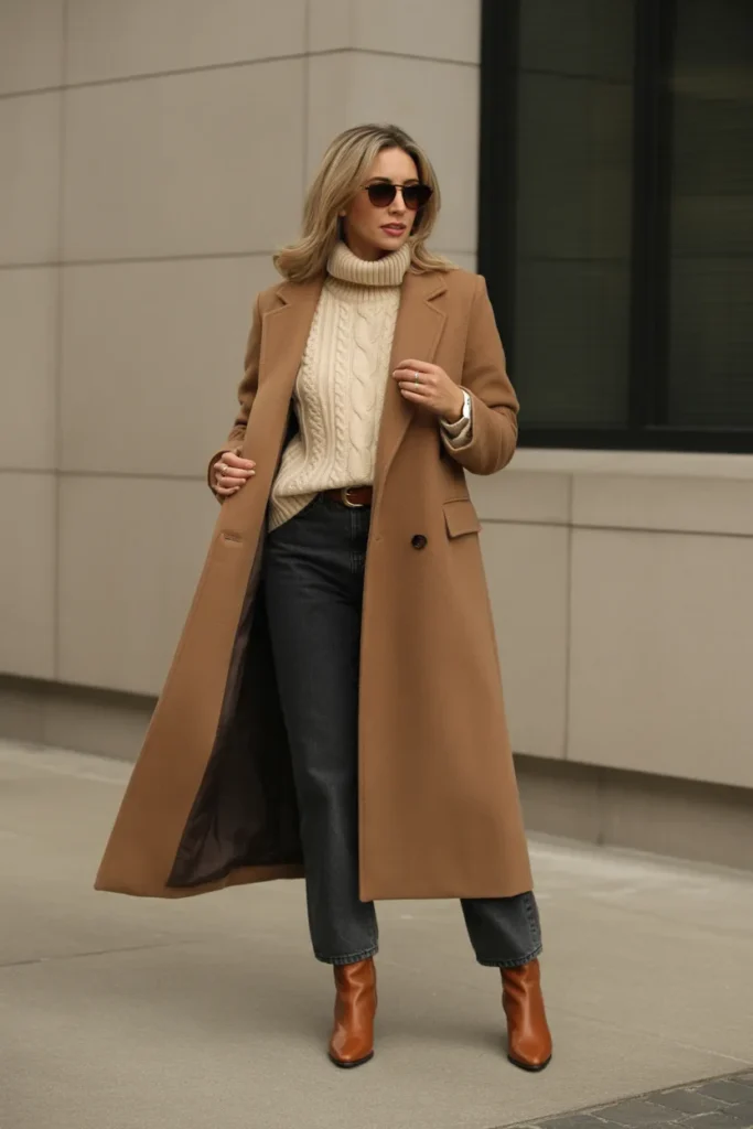 Cream Cable Knit Sweater With Camel Coat