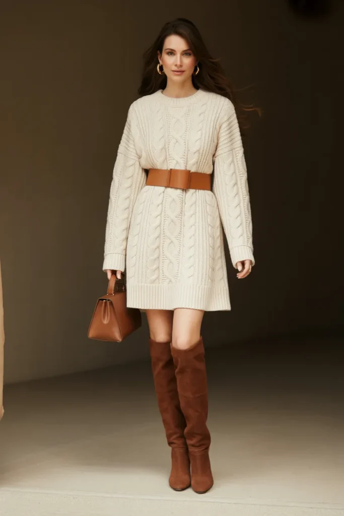 Cream Sweater Dress with Knee-High Boots