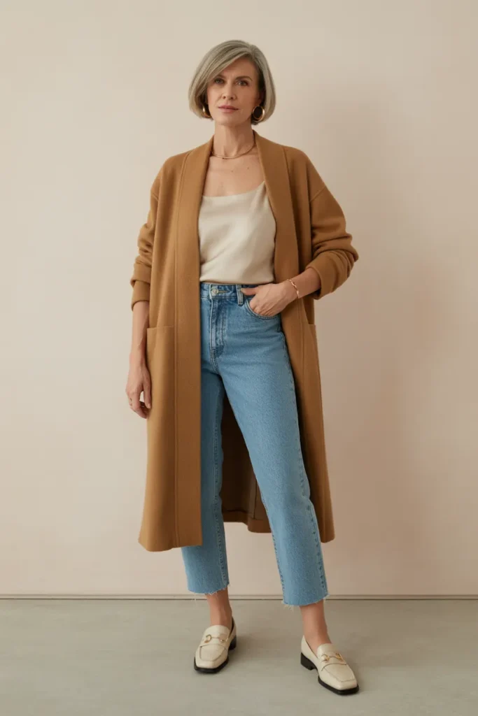 Cropped Jeans with Cozy Cardigan Coat