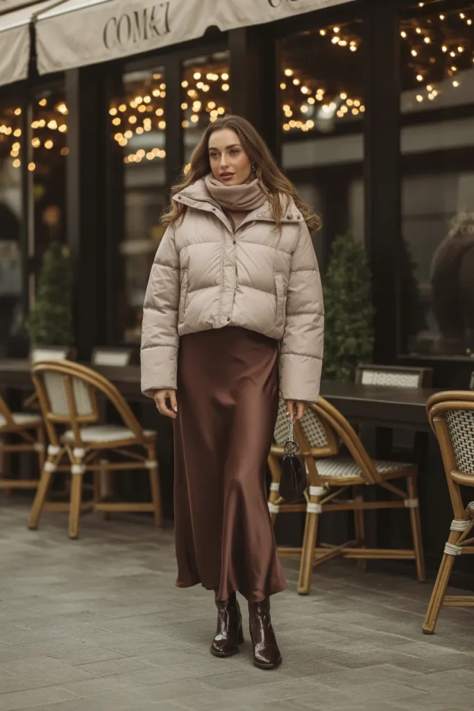 Cropped Puffer Jacket with Flowing Maxi Skirt