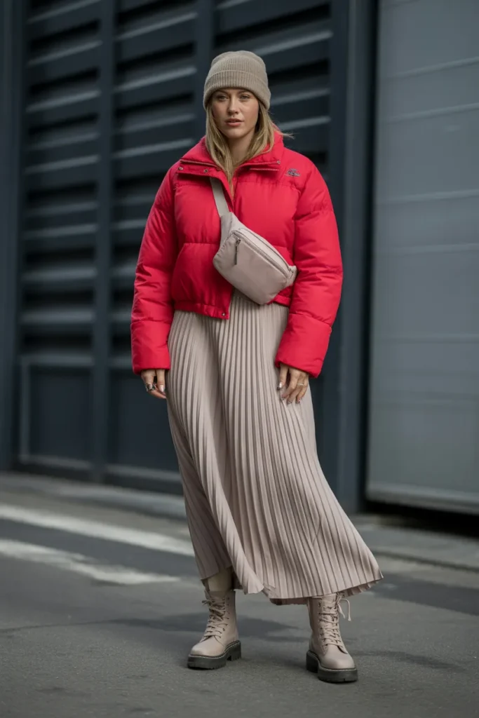 Cropped Puffer Jacket with Flowing Maxi Skirt