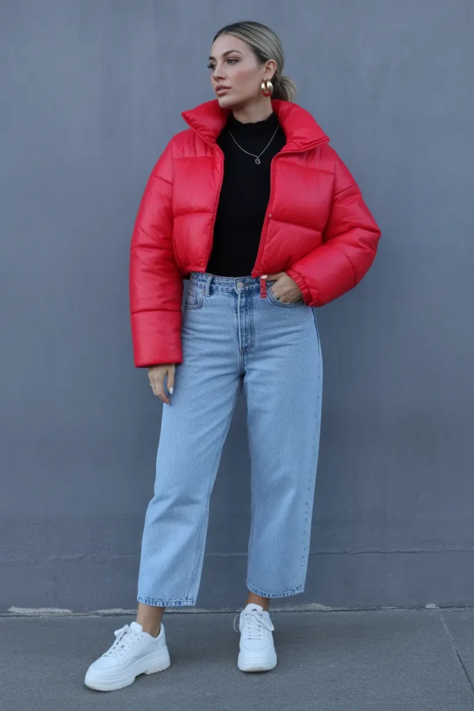 Cropped Puffer with High-Waisted Jeans