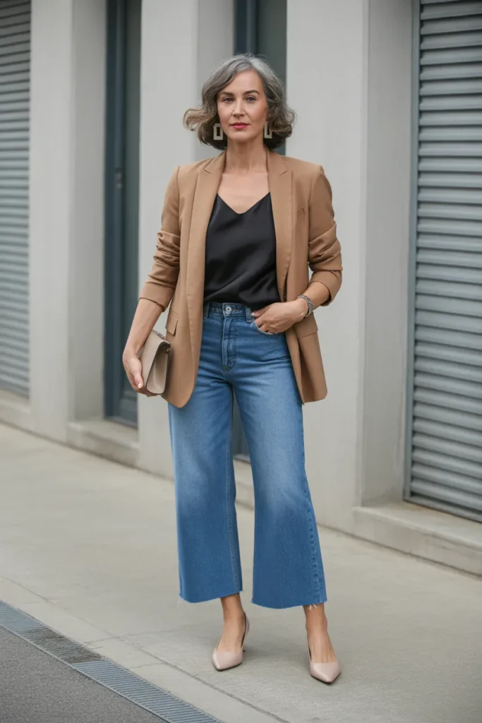 Cropped Wide Leg Jeans with Fitted Blazer