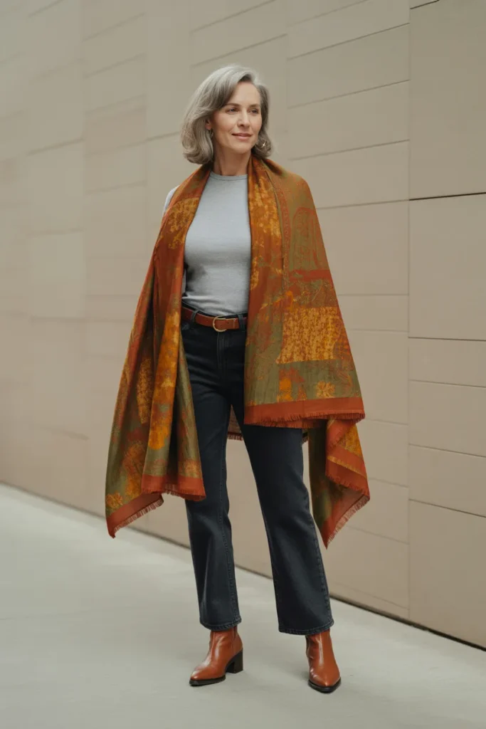 Dark Denim with Patterned Scarf Statement