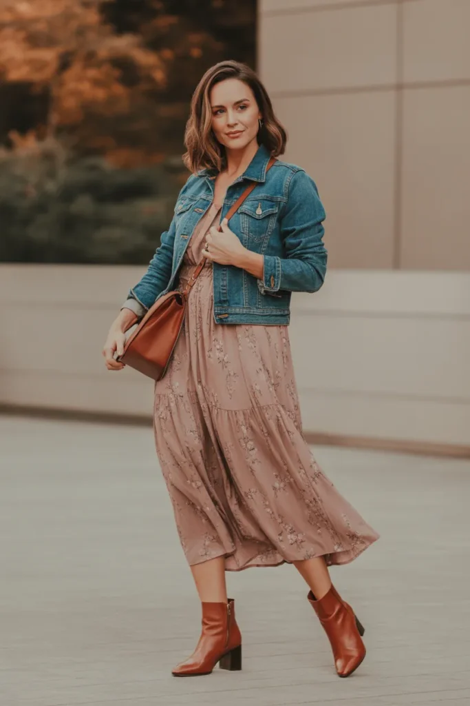 Denim Jacket and Floral Midi Dress Combination 
