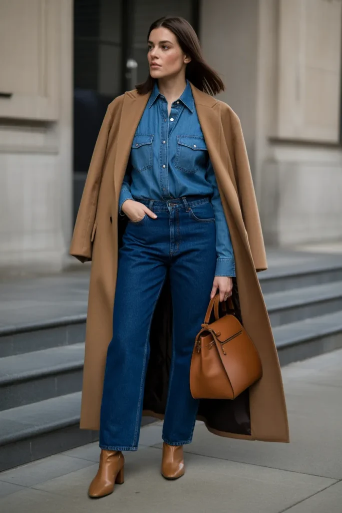 Denim on Denim with Camel Coat