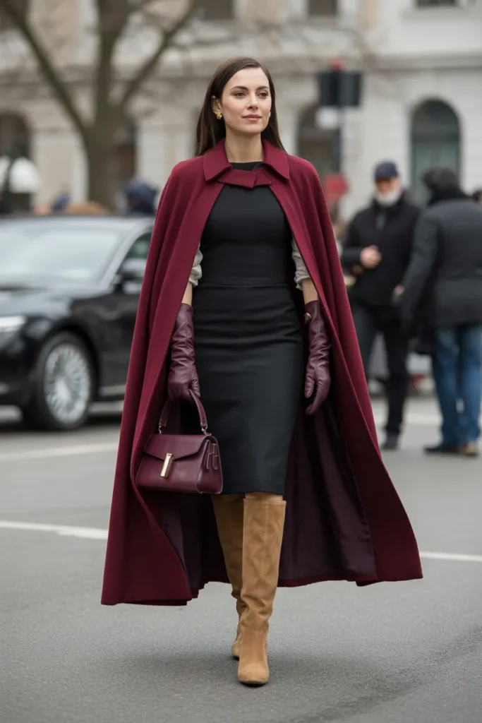 Dramatic Cape Coat with Knee-High Suede Boots