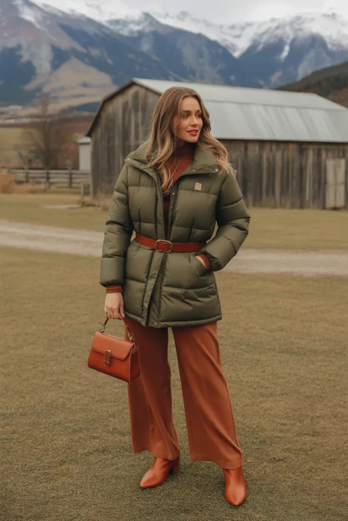 Earth Tone Puffer with Cognac Accessories