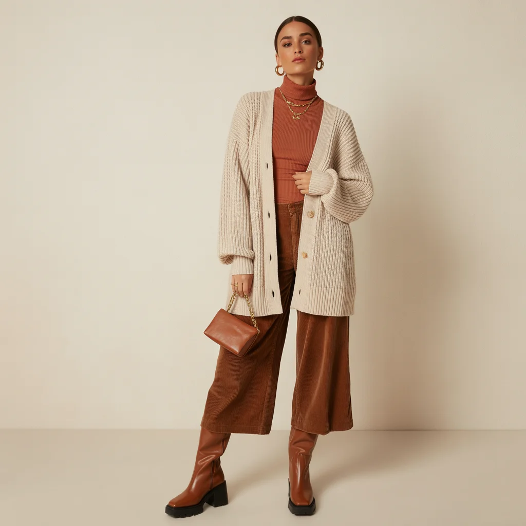 Earth-Toned Layered Look with Statement Boots