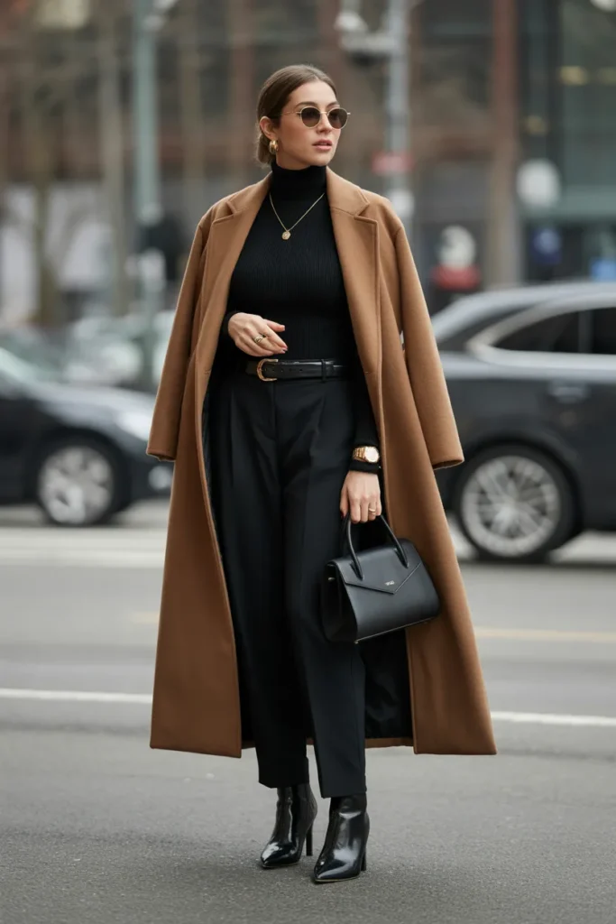 Elegant Camel Coat with All-Black Ensemble