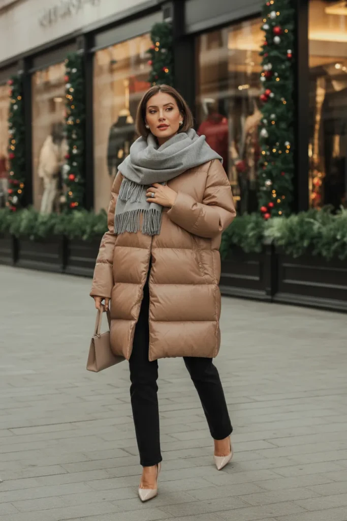 Elegant Camel Puffer with Cashmere Scarf