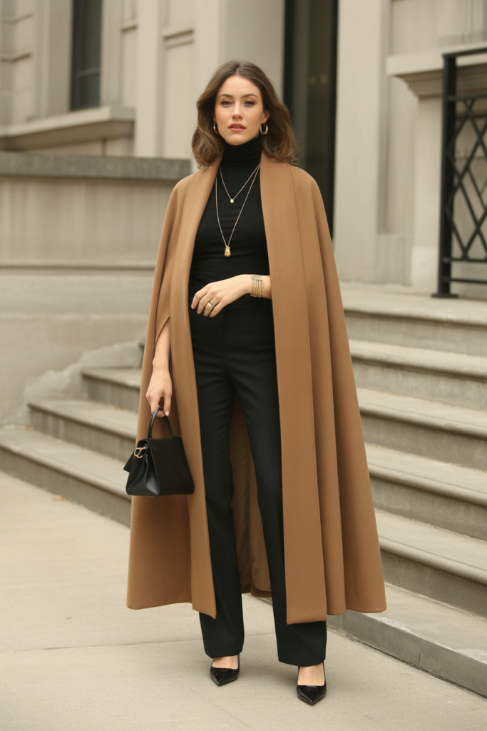 Elegant Cape Coat Over Minimalist Basics