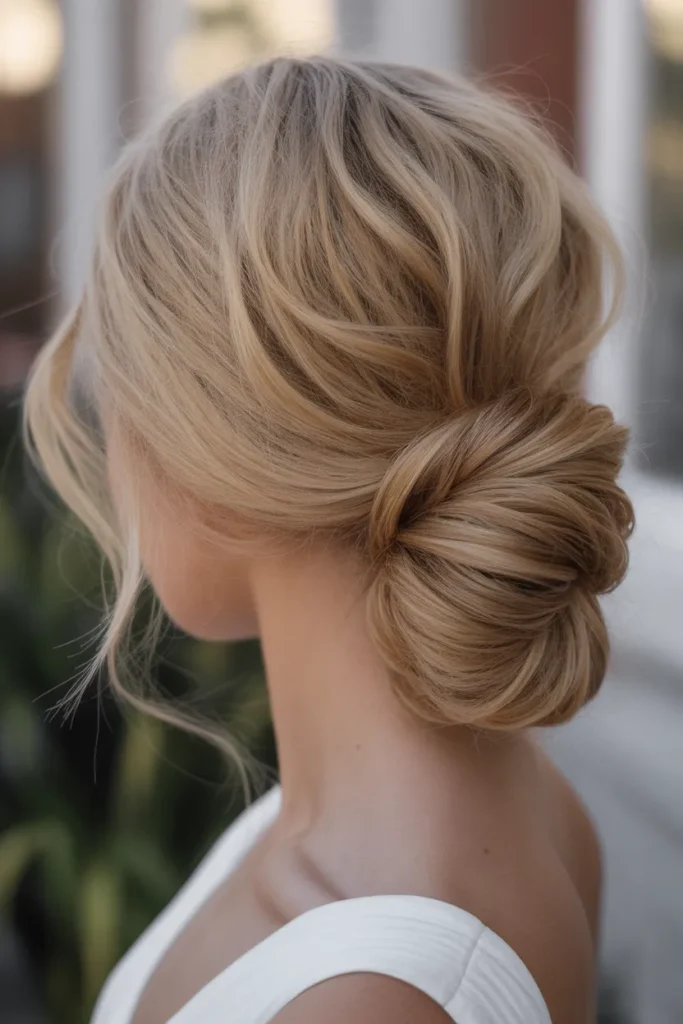 Elegant Low Messy Bun with Tendrils