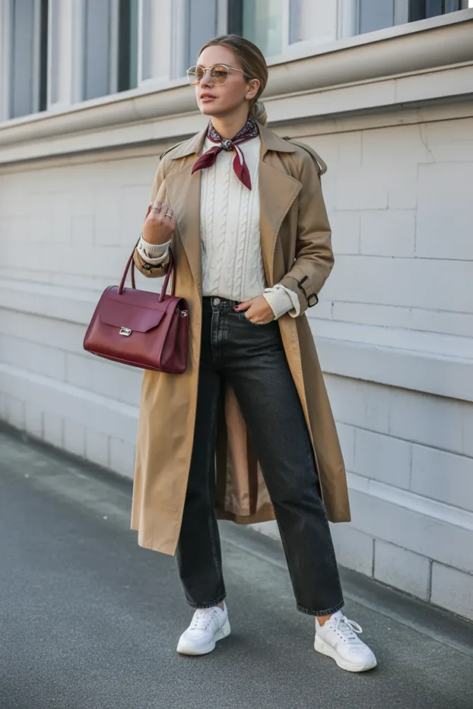 Elegant Trench Coat With Cream Knitwear