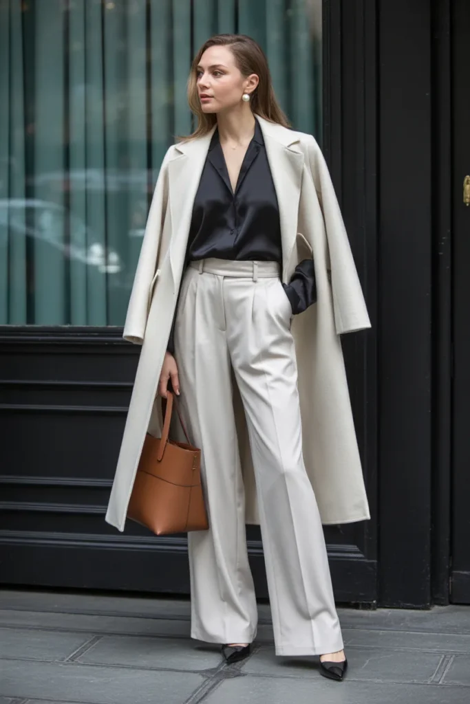 Elegant Wrap Coat with Wide-Leg Tailored Trousers