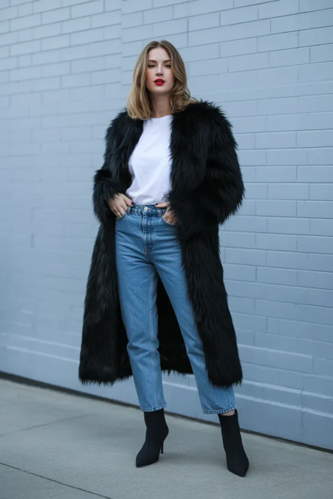 Faux Fur Coat Over Casual Basics