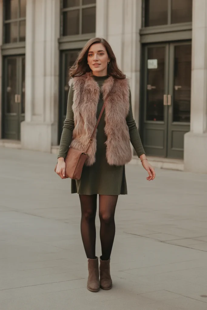 Faux Fur Vest Over Long-Sleeve Dress