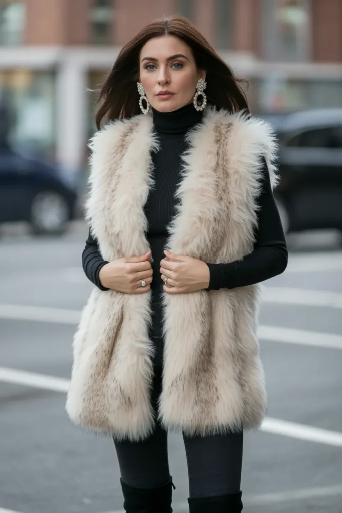 Faux Fur Vest Styled with Skinny Jeans and Boots