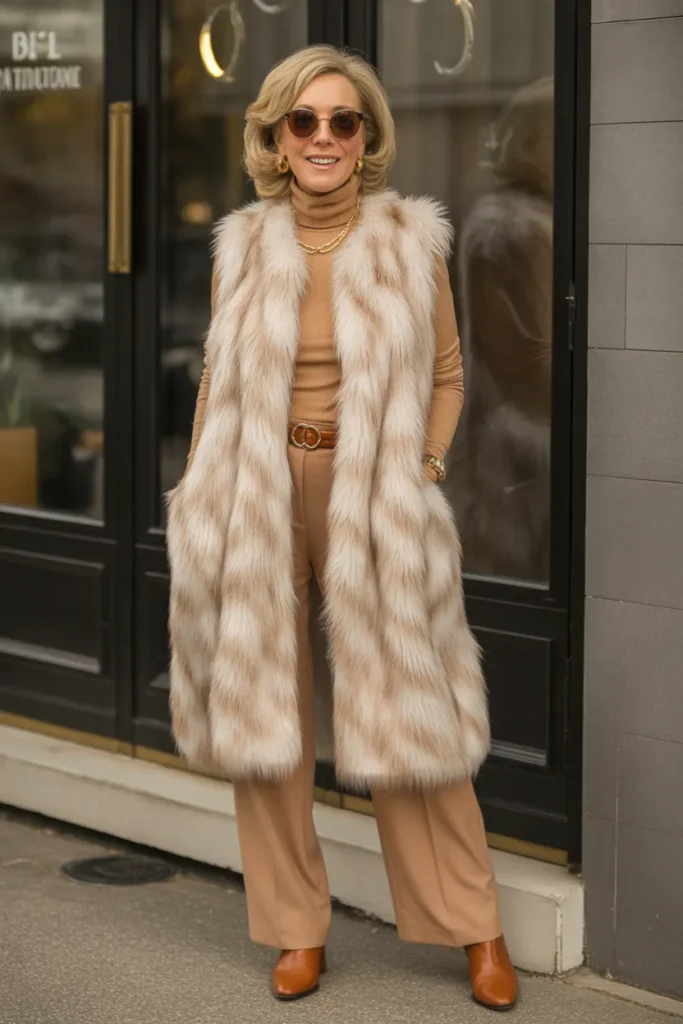 Faux Fur Vest with Layered Neutrals