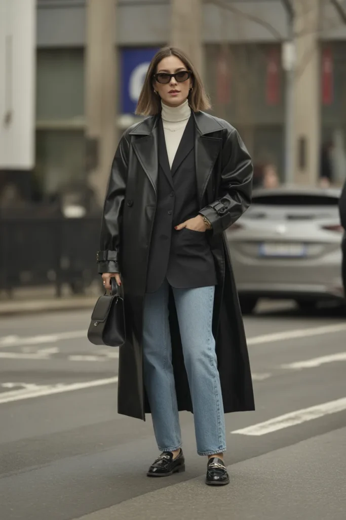 Faux Leather Trench with Multi-Layered Look