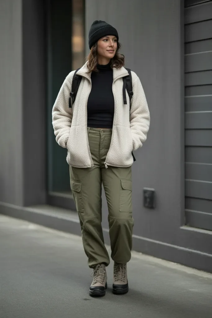 Fleece Jacket Paired with Cargo Pants