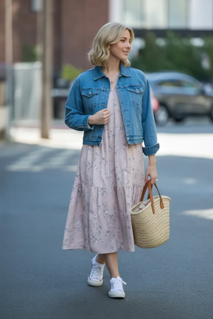 Flowy Midi Dress with Denim Jacket
