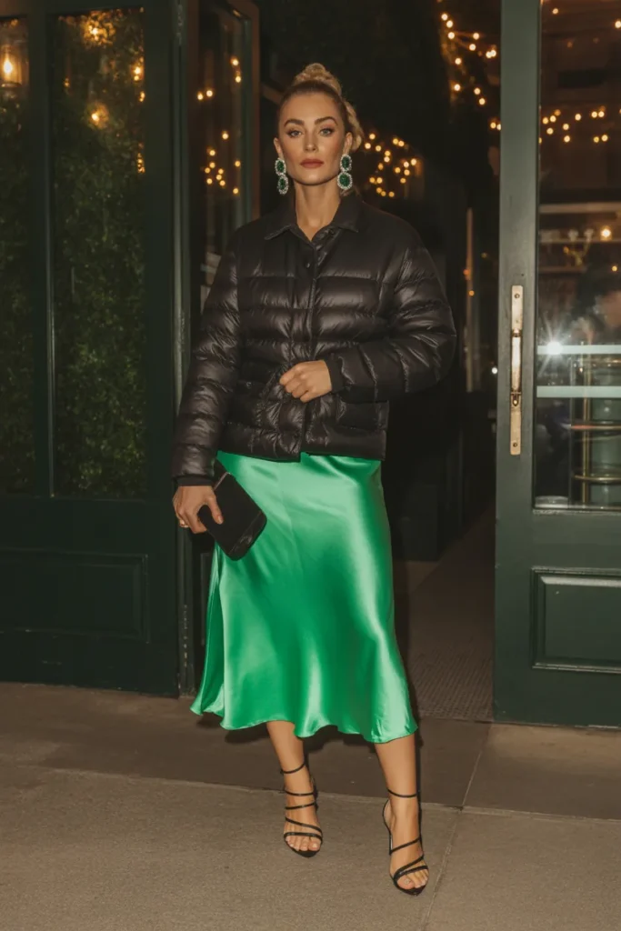 Glamorous Evening Puffer with Satin Skirt
