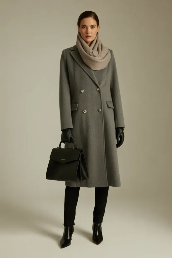  Grey Wool Coat with Black Accessories