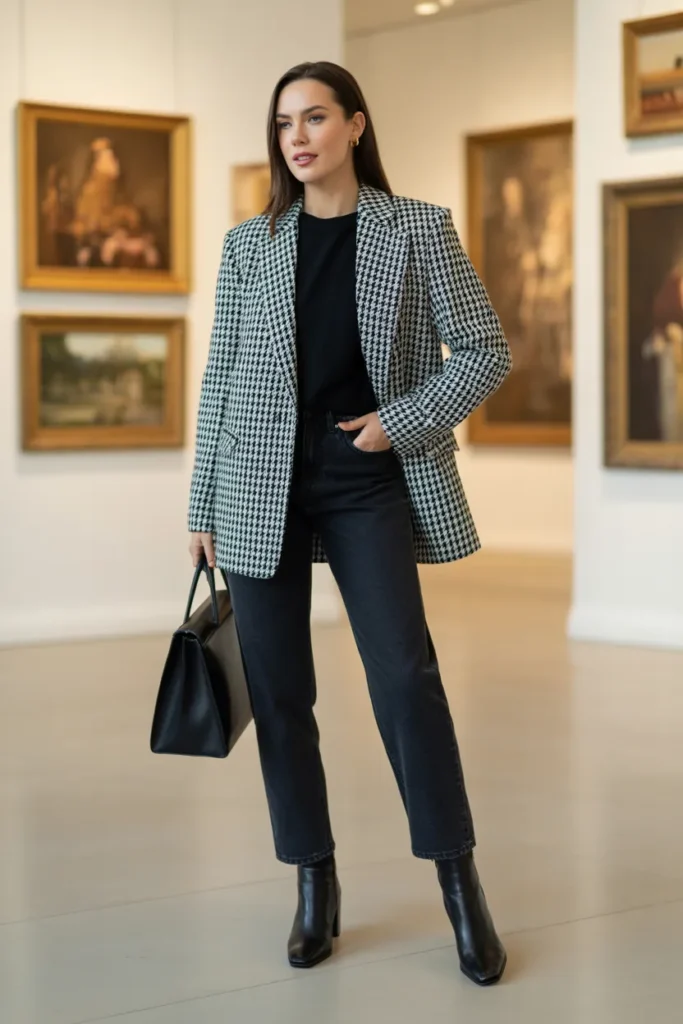 Houndstooth Blazer with Dark Denim