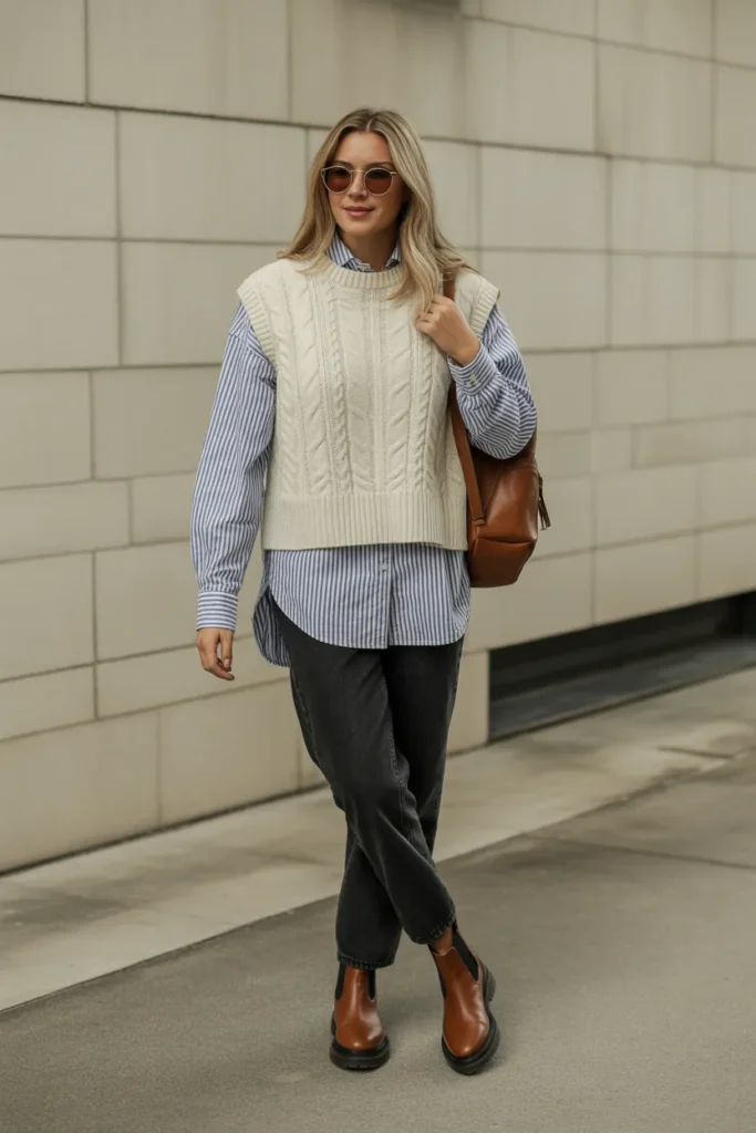 Knitted Vest Over Long Sleeve Shirt